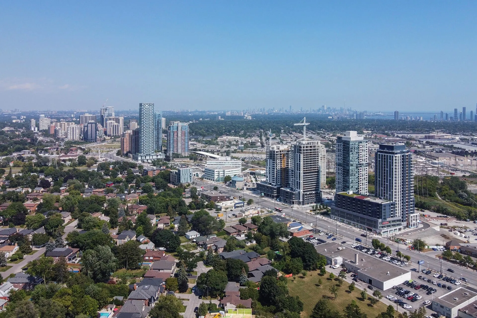 Aerial view of new high-rise towers and surrounding homes in Islington-City Centre West, Etobicoke.