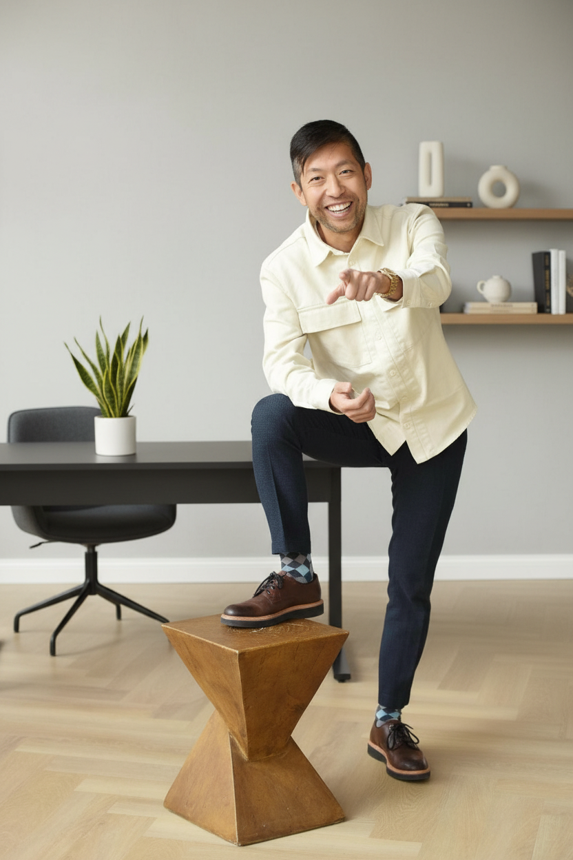 Kirby Chan, Broker, smiling in his office