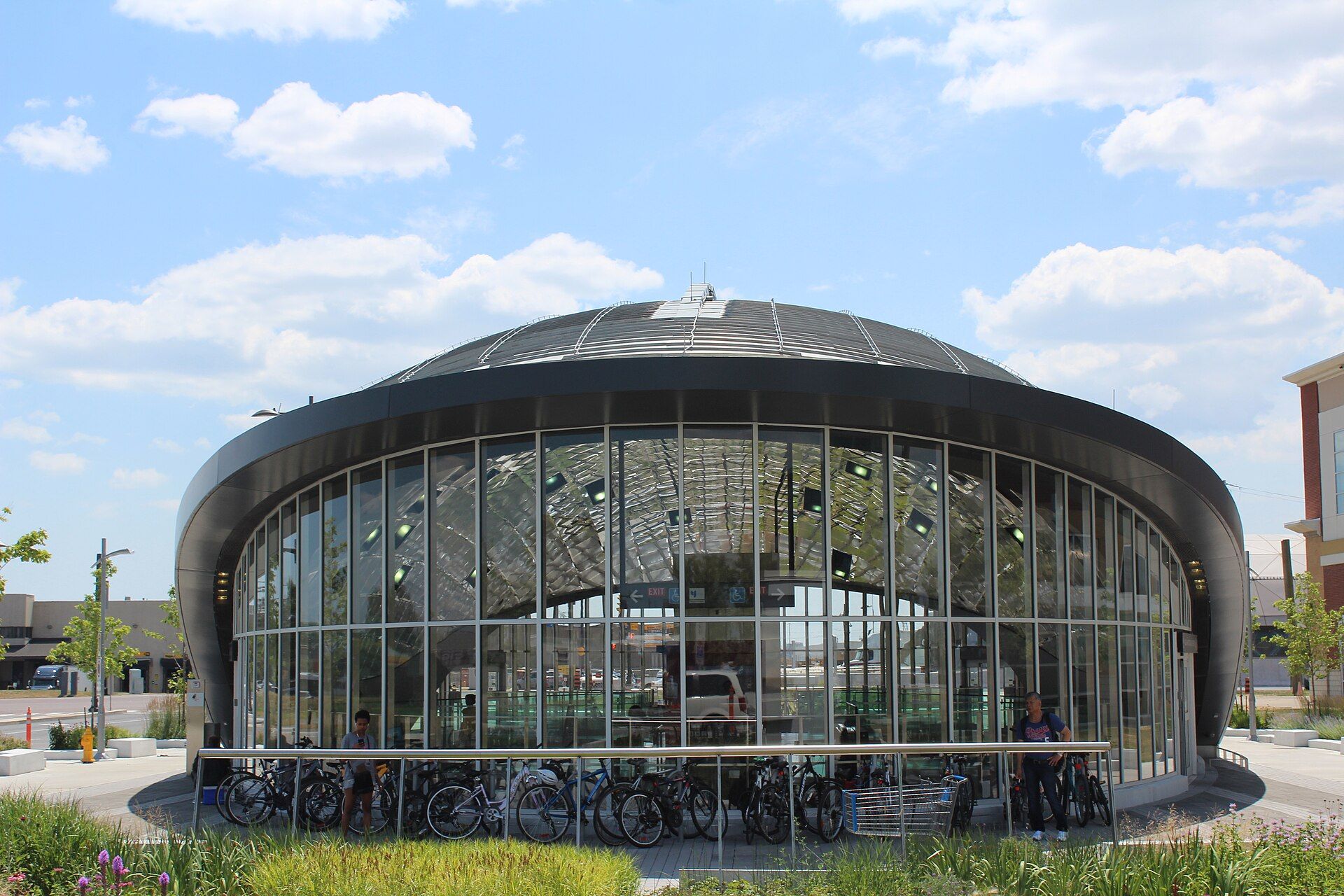 The round glass entrance of Vaughan Metropolitan Centre subway station on TTC Line 1 in Vaughan, Ontario.