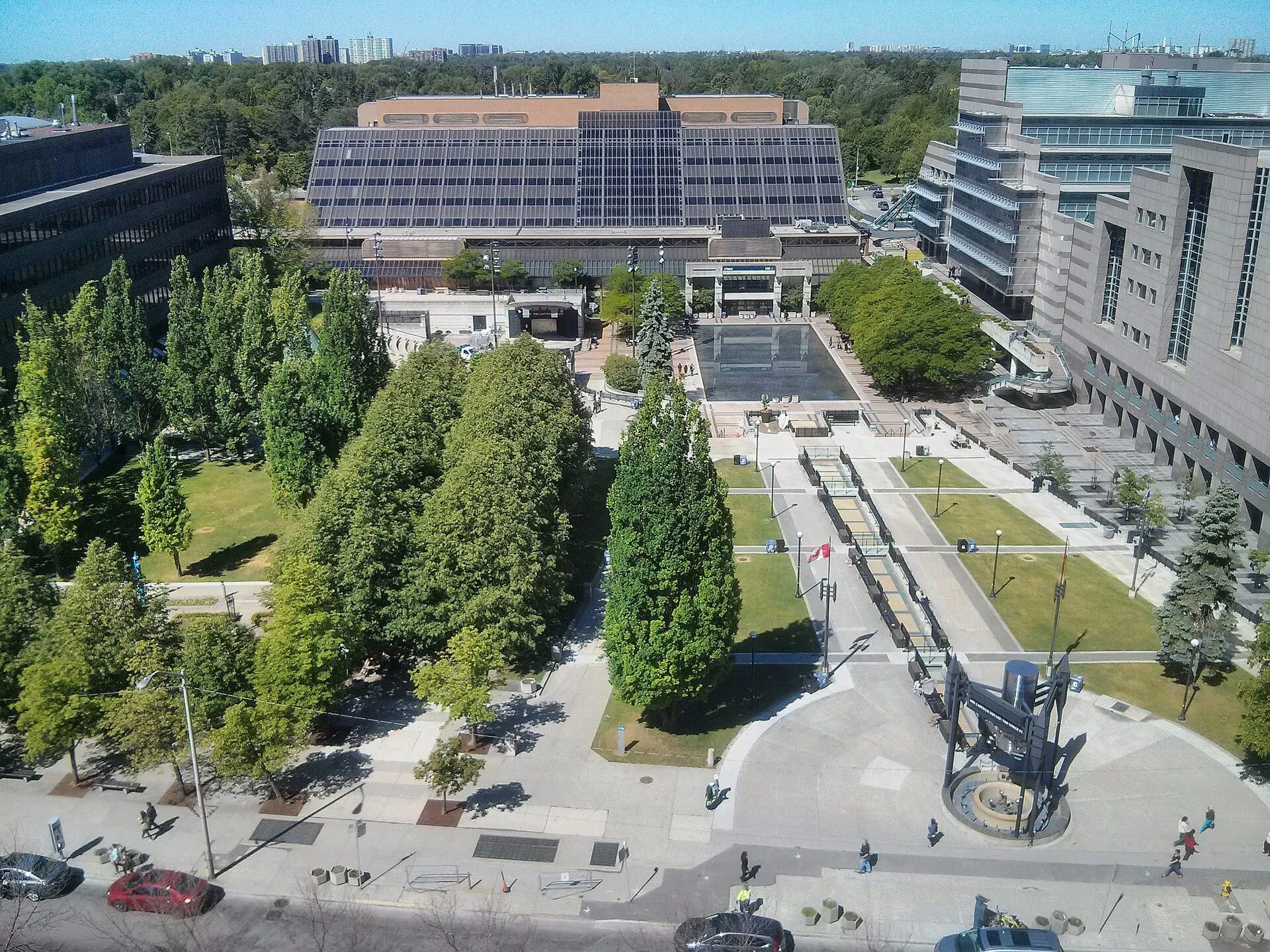 Mel Lastman Square and the North York Civic Centre seen from above Yonge Street in Willowdale, Toronto.